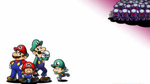Mario Luigi 和他們的孩子準備好對抗一群Goombas。