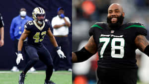 兩名NFL美式足球員在場上比賽，一人奔跑，一人微笑