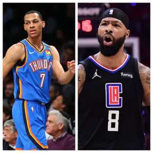 兩名NBA籃球運動員身穿球隊球衣進行比賽。