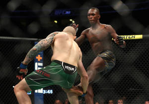 八角籠內的兩名MMA拳手，在UFC比賽中一人踢向另一人。