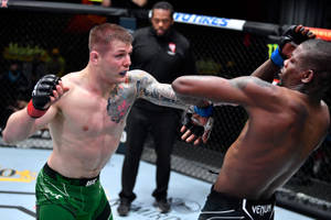 兩名MMA拳手在八角籠中於UFC比賽期間交換拳擊。