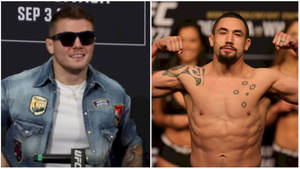 兩名男性UFC拳手在稱重活動中，一人戴太陽眼鏡和穿牛仔外套，另一人赤裸上身繃緊肌肉。