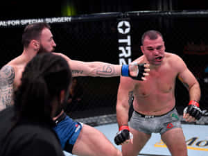兩名男性MMA拳手在八角籠內進行殘酷的拳擊交鋒。 — 冠軍 壁紙