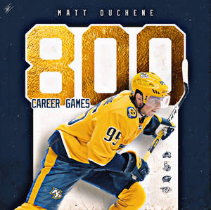 冰球運動員 Matt Duchene 身穿黃色球衣慶祝職業生涯第800場比賽。