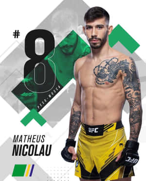 UFC拳手Matheus Nicolau身穿黃色短褲和手套，帶有紋身