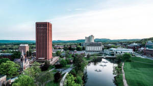 大學校園，有紅塔、河流和綠色草坪，天空晴朗。