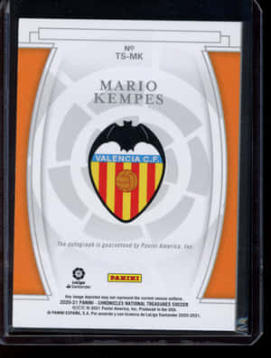 Mario Kempes 的足球交換卡，帶有華倫西亞 C.F. 標誌和 Panini 品牌。