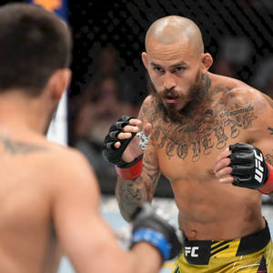 兩位男性MMA拳手在UFC比賽中於八角籠內對峙。