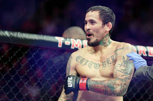 紋身MMA拳手在UFC八角籠中舉起戴手套的手慶祝勝利。 — 冠軍 壁紙