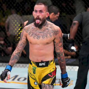 紋身的UFC拳手在八角籠內慶祝勝利。