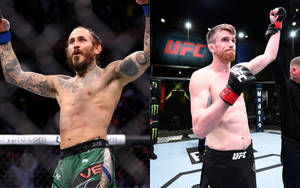 兩位MMA拳手在UFC八角籠內舉起雙臂慶祝勝利。