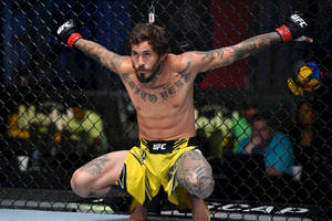 MMA拳手在UFC八角籠內舉起雙臂慶祝勝利。