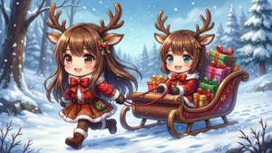 兩個戴著鹿角的動畫女孩拉著一輛載滿包裝禮物的雪橇穿過雪地森林。 — 動漫聖誕 壁紙