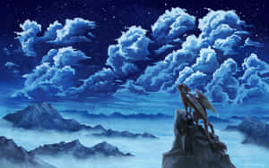 一條龍站在山頂上，星空夜空下有著發光的雲彩。
