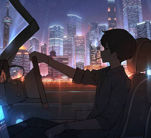 動漫青少年在敞篷車中吸煙，背景是夜晚發光的城市天際線。