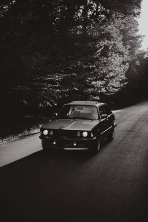 經典BMW E30房車在黃昏時分的森林道路上，黑白效果。
