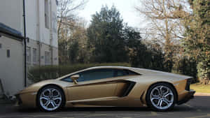 金色林寶堅尼 Aventador 停泊在街道上，靠近建築物和樹木。
