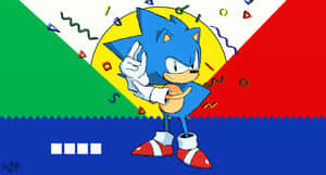 藍色刺蝟 Sonic the Hedgehog 在彩色幾何背景前比出和平手勢。