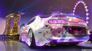 夜間在摩天輪和濱海灣金沙附近，發光的汽車上的動漫女孩。