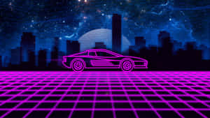 霓虹粉紅色跑車在發光的網格道路上，下方是星光燦爛的賽博朋克城市天際線。