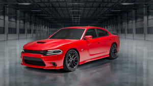 寬敞工業倉庫中的紅色道奇 Charger SRT Hellcat。