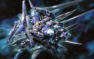在太空中帶有發光部件和星空背景的詳細銀藍色機甲。