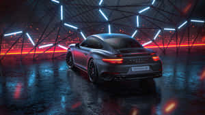 未來風格圓頂內，霓虹燈下的時尚灰色保時捷911 Turbo S。