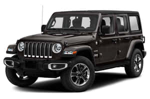 黑色Jeep Wrangler SUV 工作室拍攝，帶有鍍鉻飾件和越野輪胎。