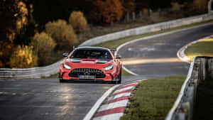 紅色 Mercedes-AMG GT R 賽車在蜿蜒的賽道上，背景有秋樹和日落光線。 — 秋天 壁紙