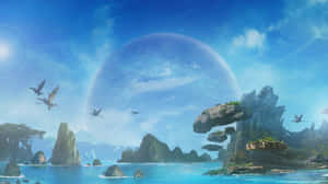 在巨大藍色行星下，浮空島嶼與飛行的爬行動物。