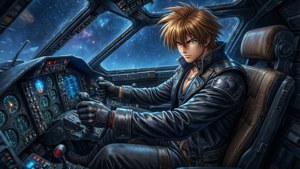 動畫飛行員在星空下的太空船駕駛艙中