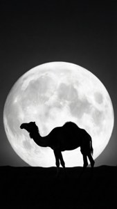 駱駝剪影在夜間沙漠中，站在一個大滿月前。