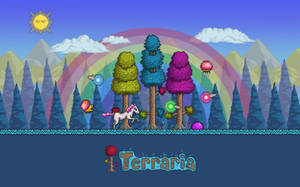 像素藝術獨角獸在 Terraria 遊戲中穿過彩虹森林奔跑。