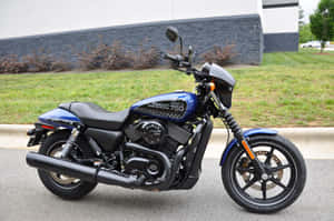 藍色Harley-Davidson電單車停泊在街上，靠近草地和建築物。 — 哈雷戴維森 壁紙