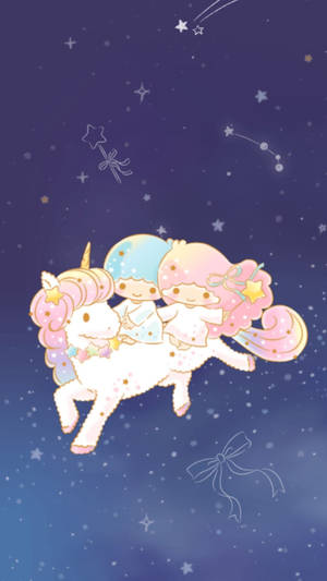 兩個女孩騎著獨角獸穿過星空，帶有蝴蝶結和閃光。 — 月亮與星星動畫 壁紙