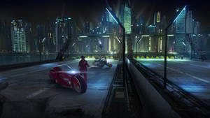 夜晚霓虹賽博龐克城市中發光橋上的紅色電單車騎士。