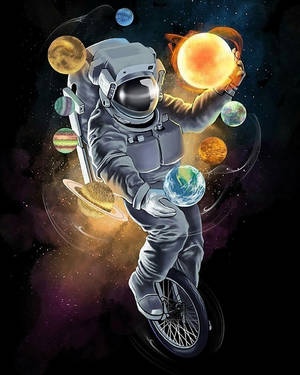 太空人踩獨輪車在太空中手持行星，背景有星星