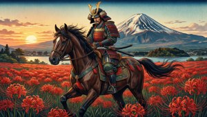 武士騎馬穿過紅色花田，夕陽下富士山為背景。 — 武士 壁紙