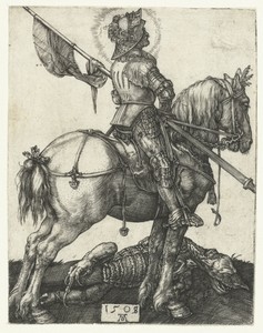 騎馬的聖喬治與被殺的巨龍並列，阿爾布雷希特·杜勒創作，1508年，紙上作品；版畫。下載此藝術作品作為高解析度桌布