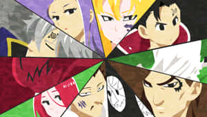 八個動漫角色以色彩繽紛的放射狀圖案排列，表情強烈。 — 七大罪 壁紙