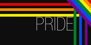 黑色背景上的白色Pride文字，帶有彩虹條紋和絲帶