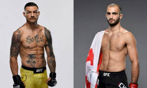 兩名赤裸上身的男性MMA拳手，一人有紋身並穿黃色短褲，另一人披著加拿大國旗。