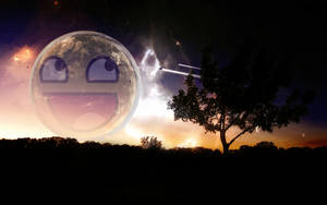 一個微笑的表情符號星球漂浮在日落時分的樹木之上，伴有星星和流星。