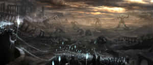 奇幻軍隊在暴風雨天空下的廢墟戰場上面對巨型怪物。 — 2560x1080 壁紙