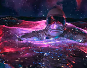 太空人漂浮在繁星點點的宇宙海洋中，伴隨著發光的粉紅色和藍色波浪。