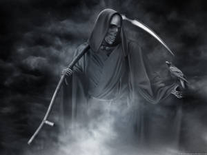 死神在黑暗暴風雨中拿著鐮刀和烏鴉。