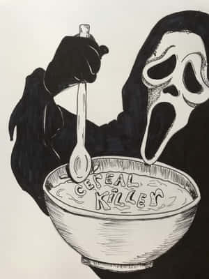《奪命狂呼》中的鬼面人拿著湯匙放在一個標有 'Cereal Killer' 的麥片碗上方。