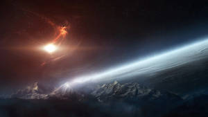 在發光的宇宙星雲和星爆下的積雪山脈。