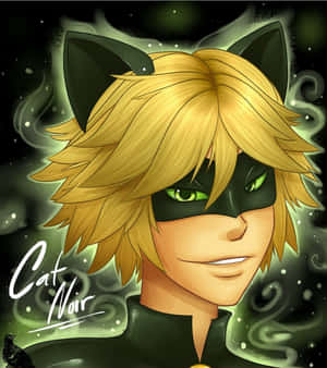 動漫角色 Cat Noir，金髮綠眼，戴著黑色面具和貓耳。
