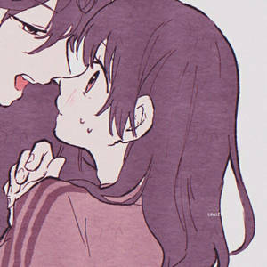 兩個動漫角色以紫色頭髮和柔和的表情溫柔擁抱。 — 可愛情侶 GIF 壁紙